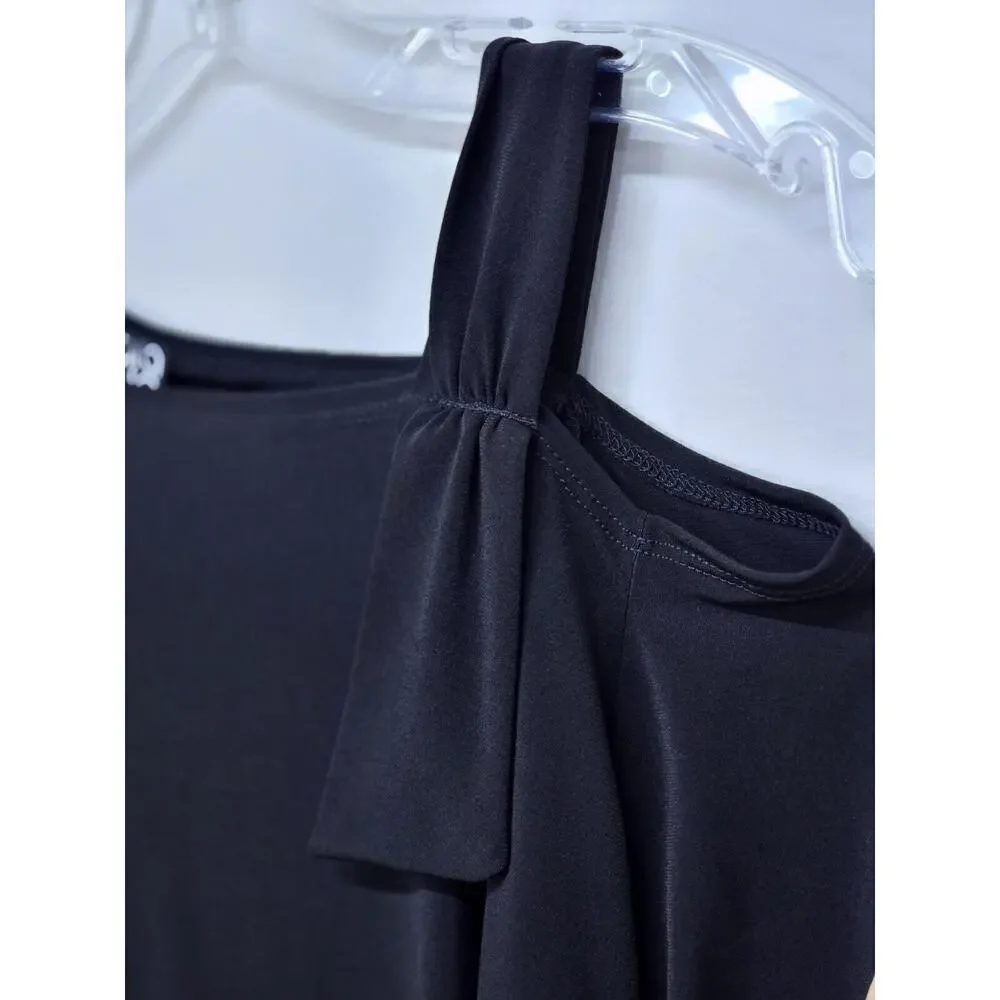 CLARA SUN WOO PEEKABOO SHOULDER DRAPED 3/4 SLEEVE BLACK TOP SIZE SMALL